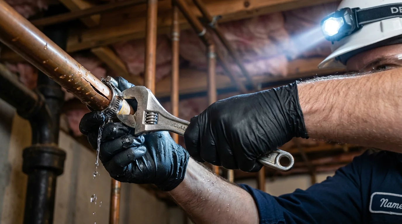 Emergency pipe clamp repair being performed by a Johns Plumbing LLC plumber in Tabor City