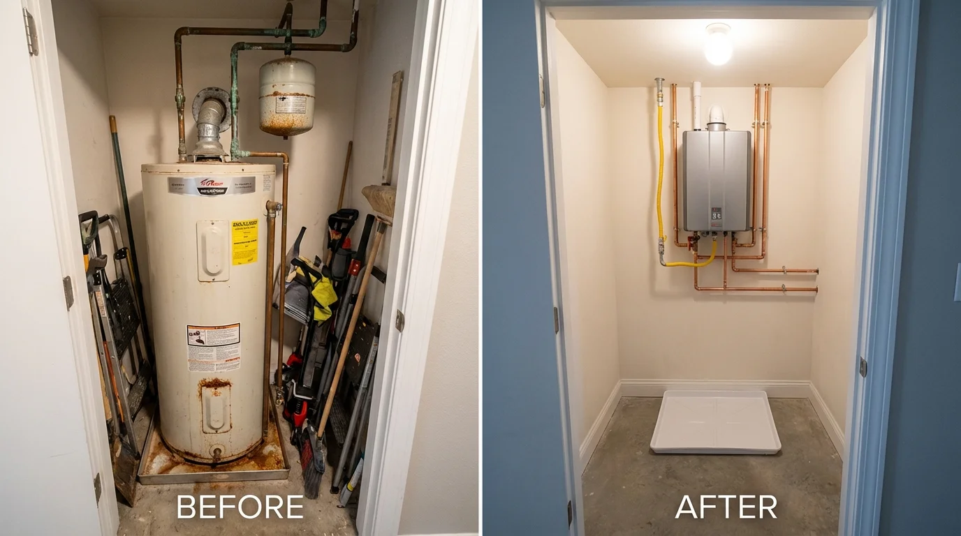 Tank water heater versus wall-mounted tankless unit comparison for Tabor City, NC homeowners