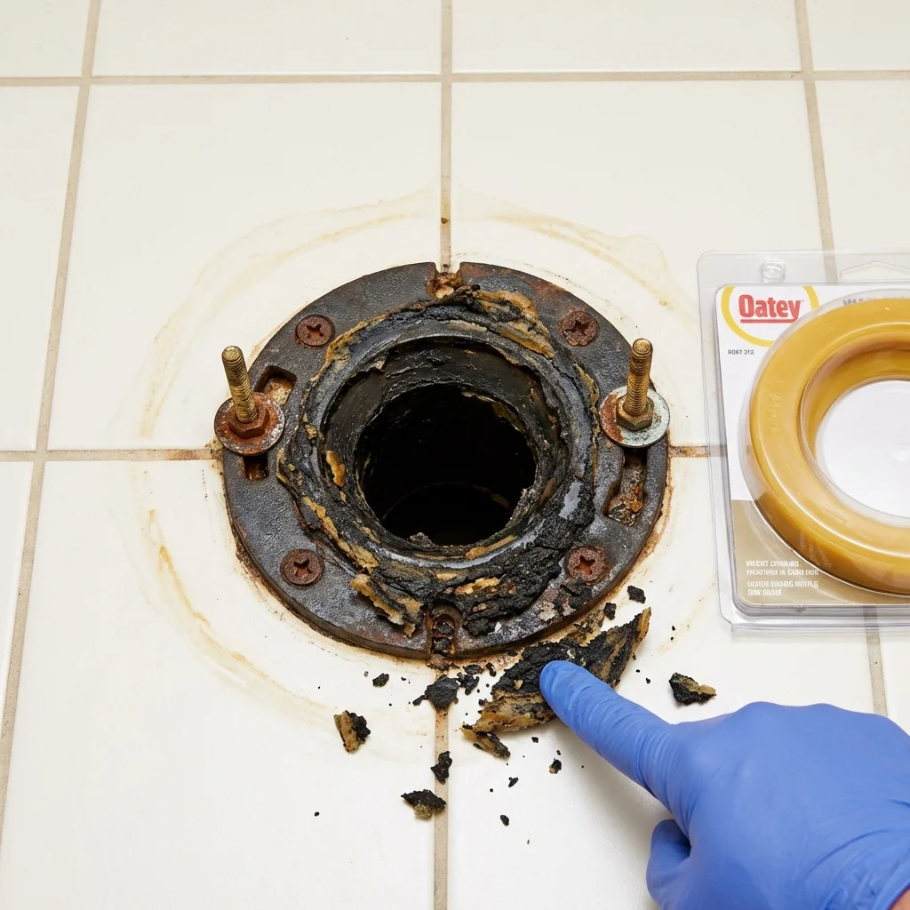 Failed wax ring showing water seepage at the base of a toilet in a Tabor City, NC home