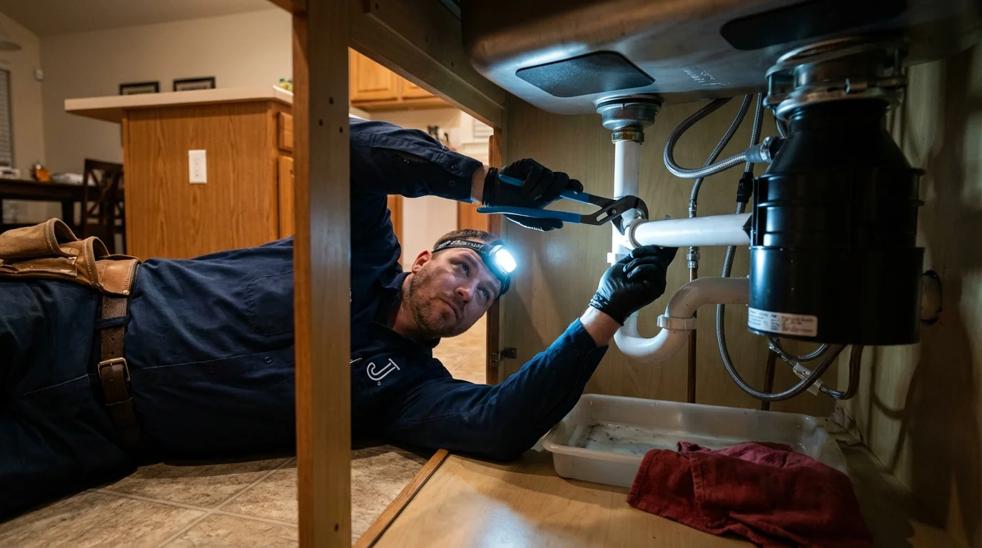 P-trap and supply line connections under a kitchen sink showing a common leak point in Tabor City, NC